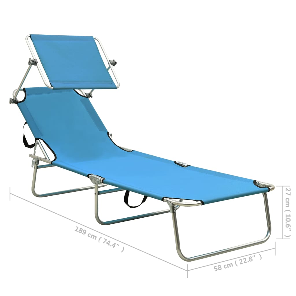 Folding sun lounger with turquoise and blue steel canopy