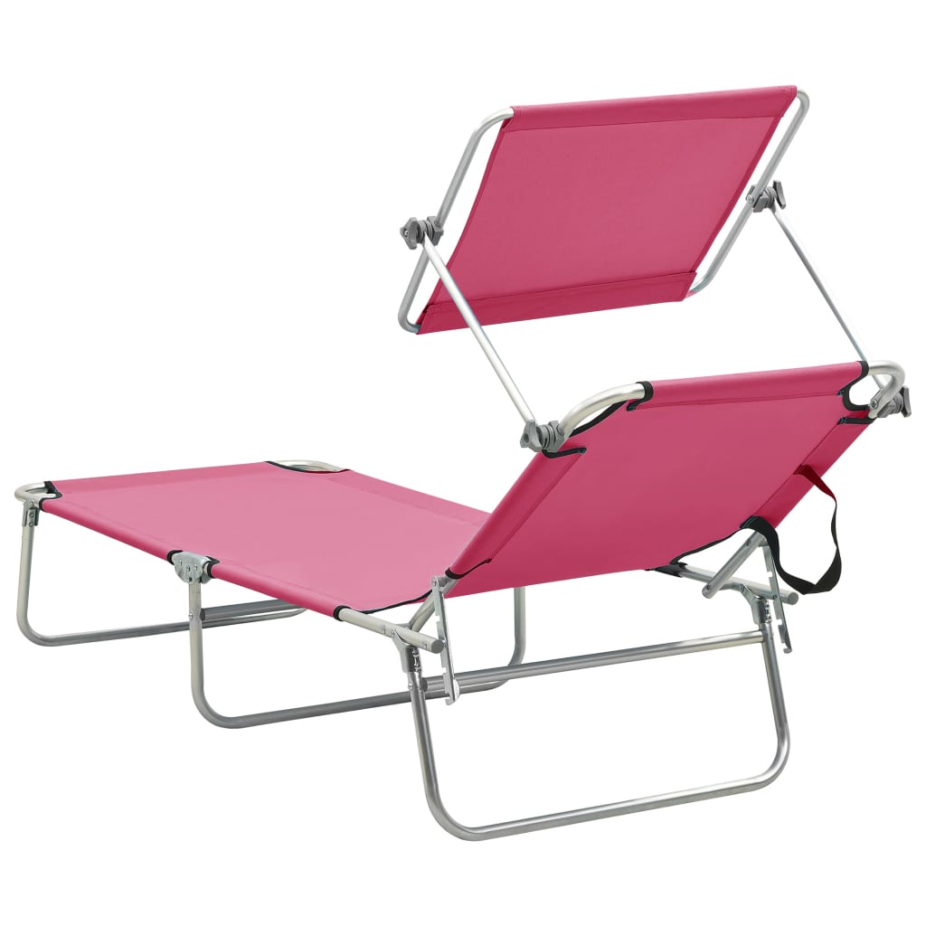 Folding sun lounger with canopy steel pink magento