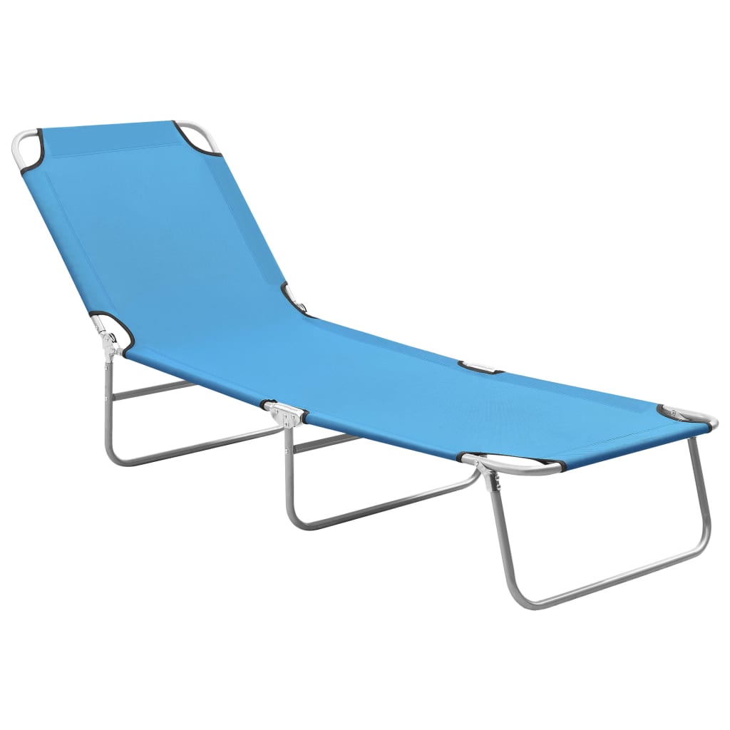 Folding sun lounger in steel and turquoise blue fabric