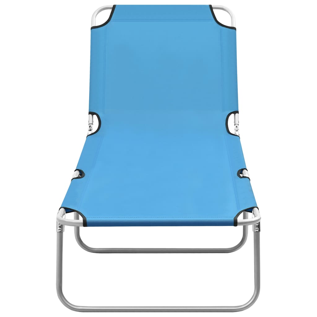 Folding sun lounger in steel and turquoise blue fabric