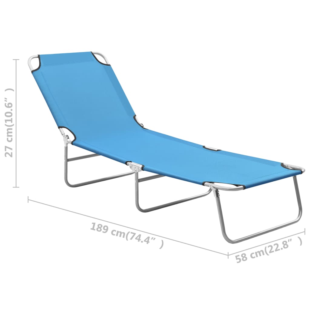 Folding sun lounger in steel and turquoise blue fabric