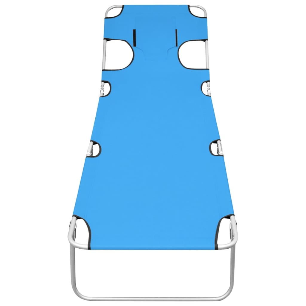 Folding sun lounger with head cushion in turquoise blue steel