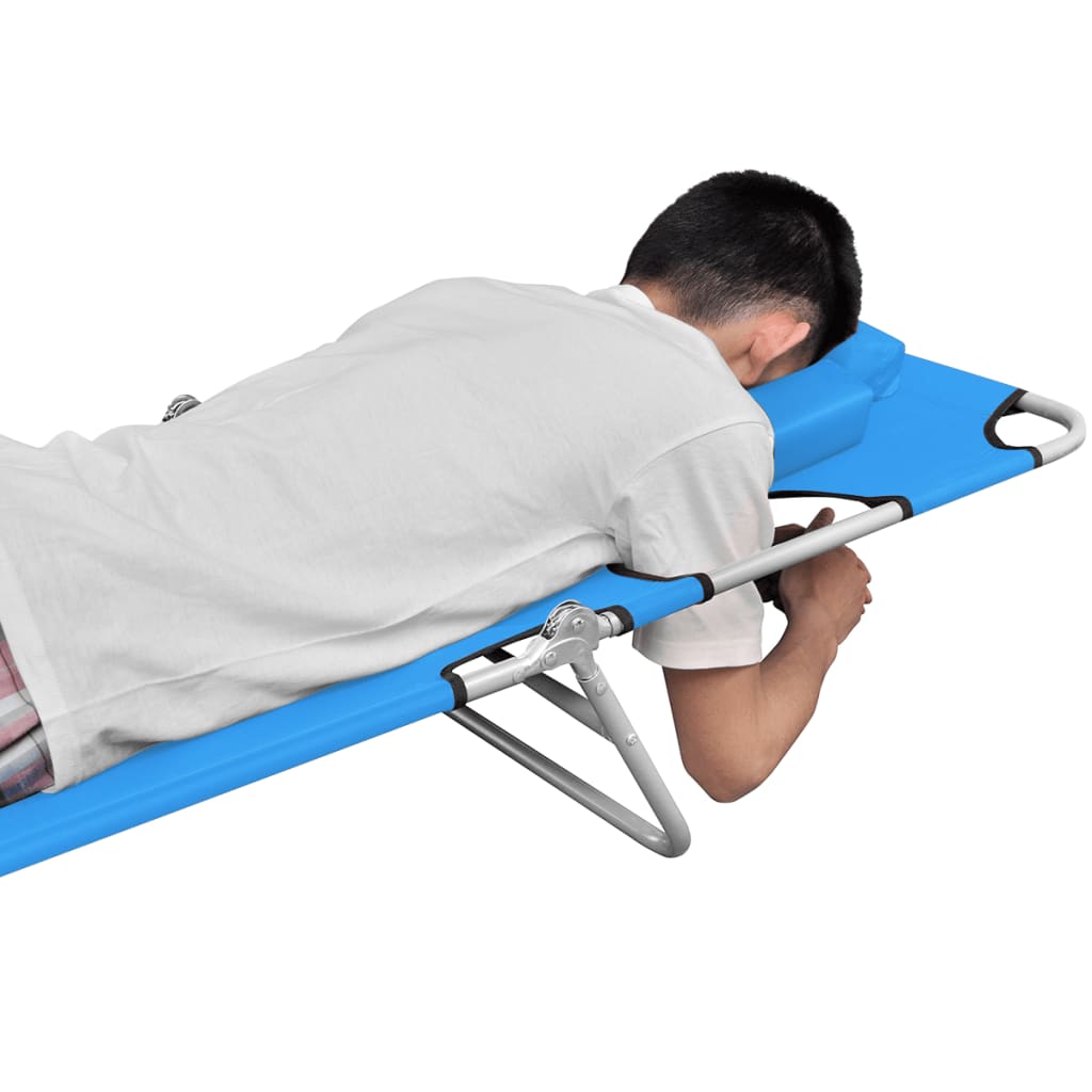 Folding sun lounger with head cushion in turquoise blue steel