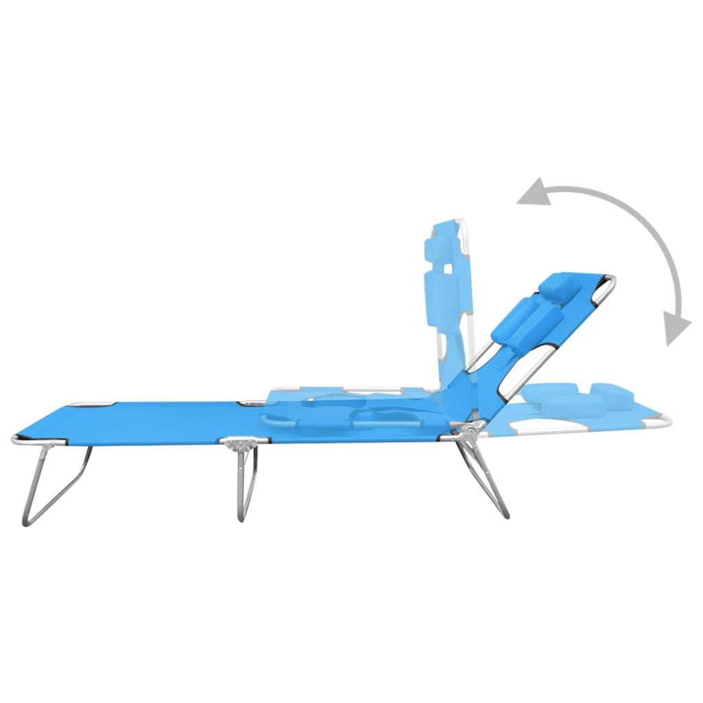 Folding sun lounger with head cushion in turquoise blue steel