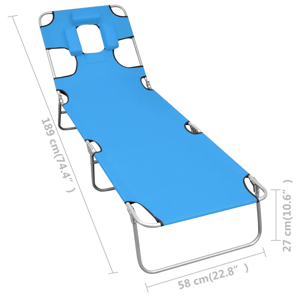 Folding sun lounger with head cushion in turquoise blue steel