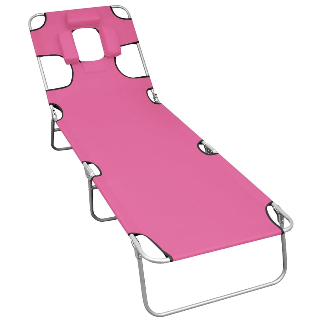 Folding sun lounger with head cushion, pink steel, magenta