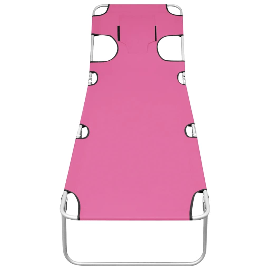 Folding sun lounger with head cushion, pink steel, magenta