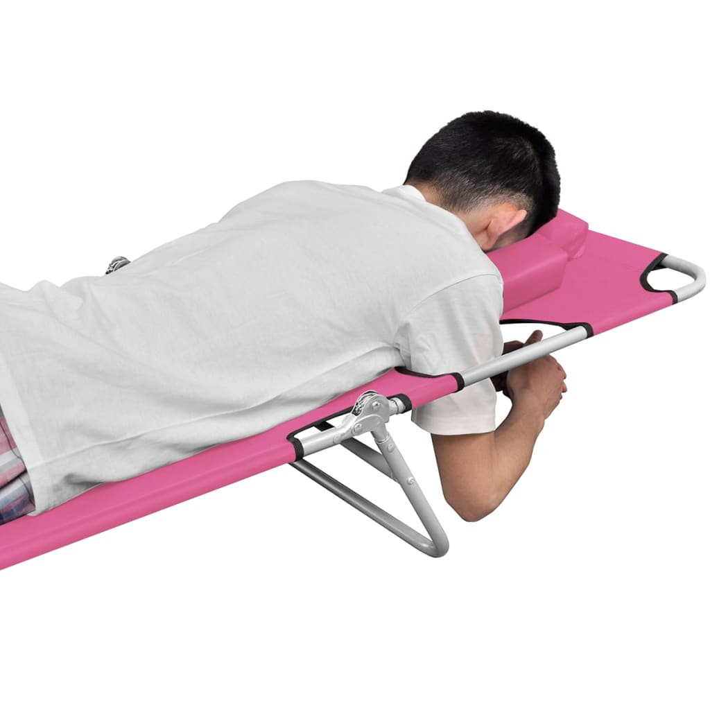 Folding sun lounger with head cushion, pink steel, magenta
