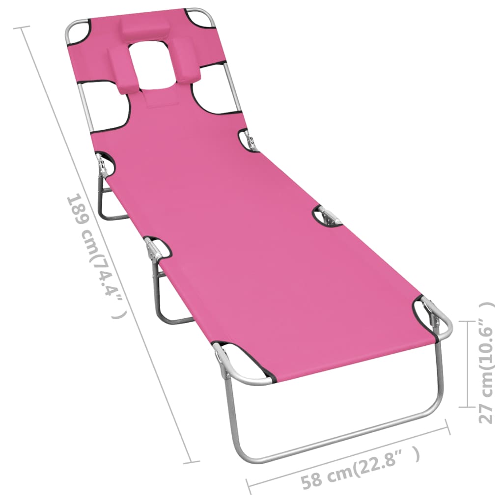 Folding sun lounger with head cushion, pink steel, magenta