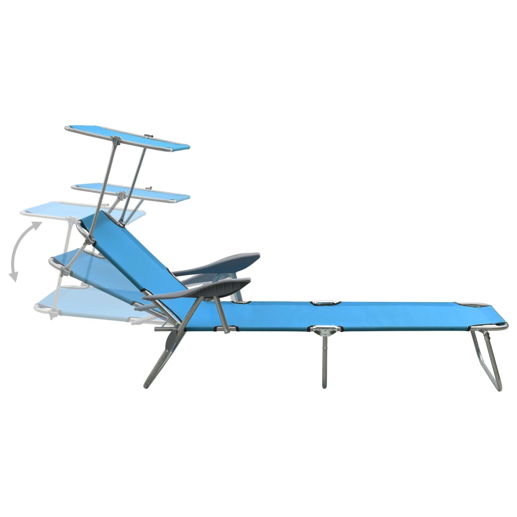 Sun lounger with blue steel canopy