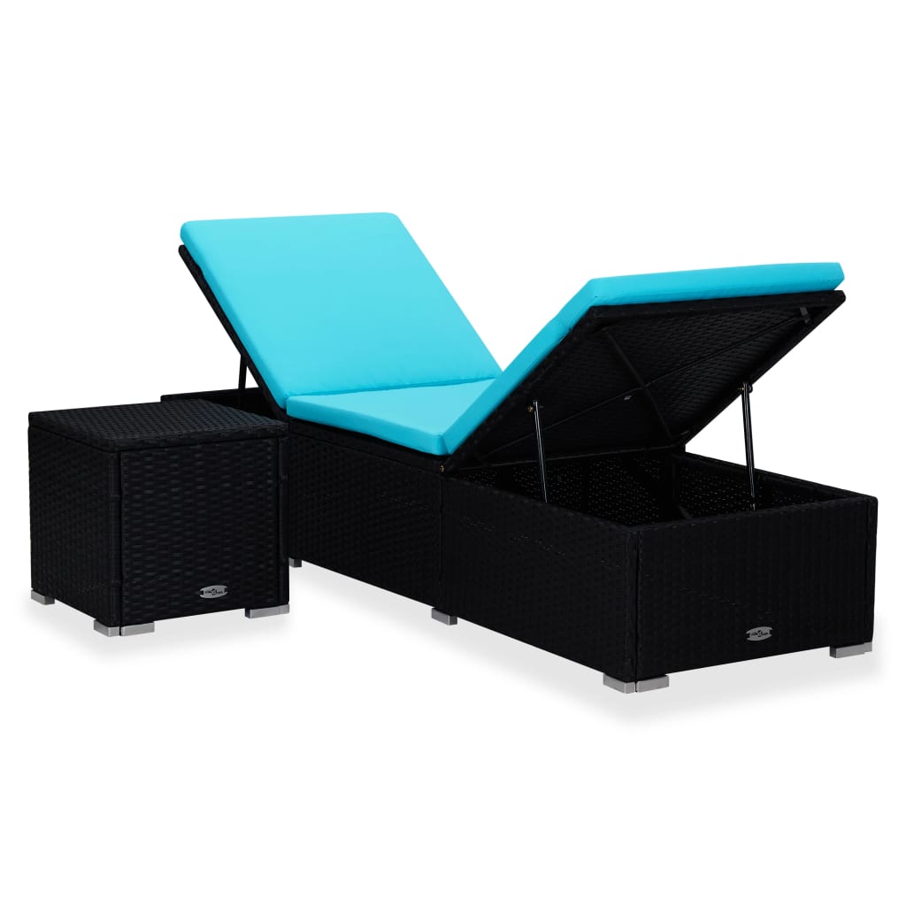 Sun lounger with cushion and coffee table in blue PE wicker