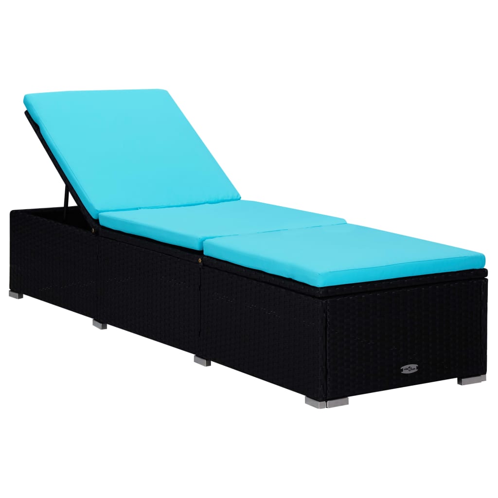 Sun lounger with cushion and coffee table in blue PE wicker