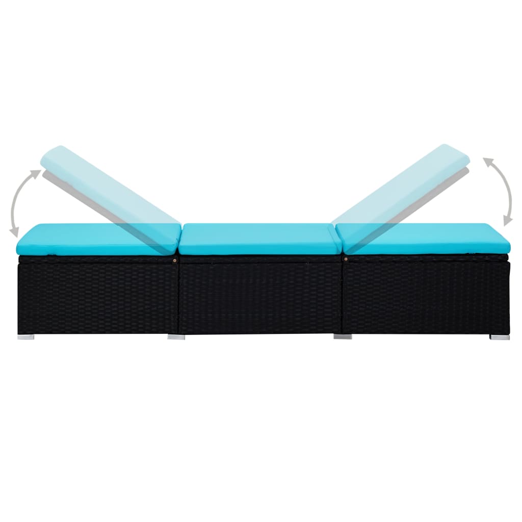 Sun lounger with cushion and coffee table in blue PE wicker
