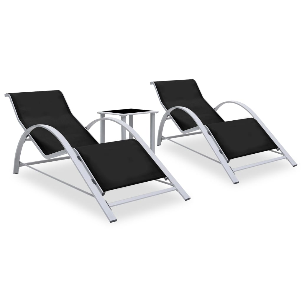 Sun loungers with table 2 pcs black aluminum