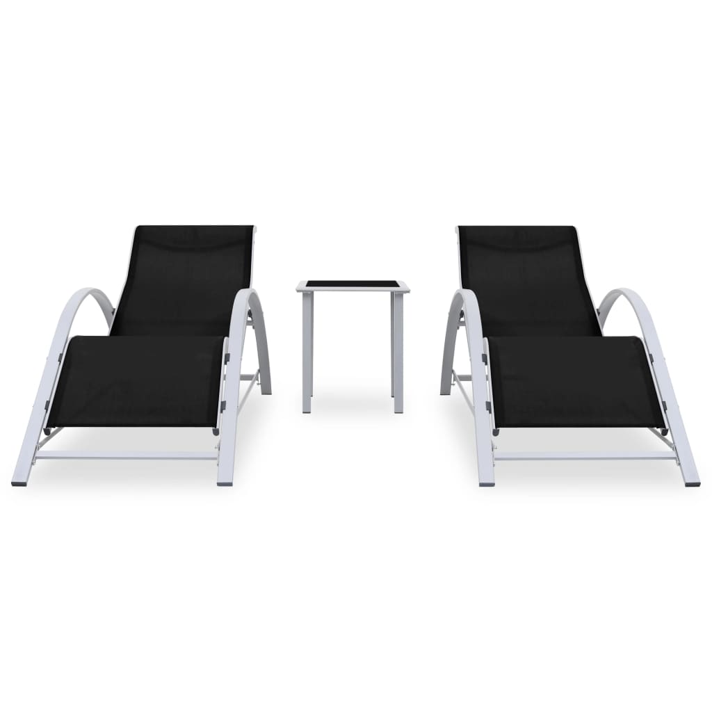 Sun loungers with table 2 pcs black aluminum