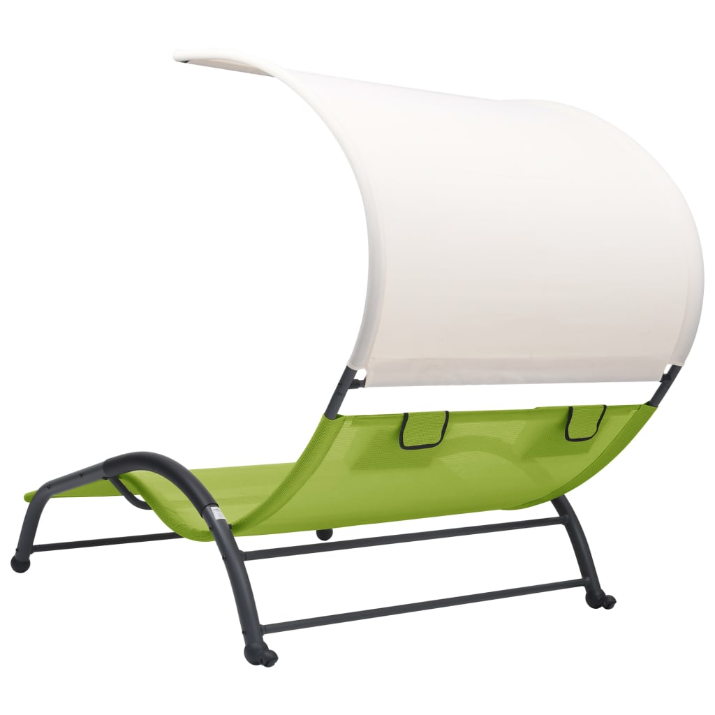 Double sun lounger with green textilene canopy