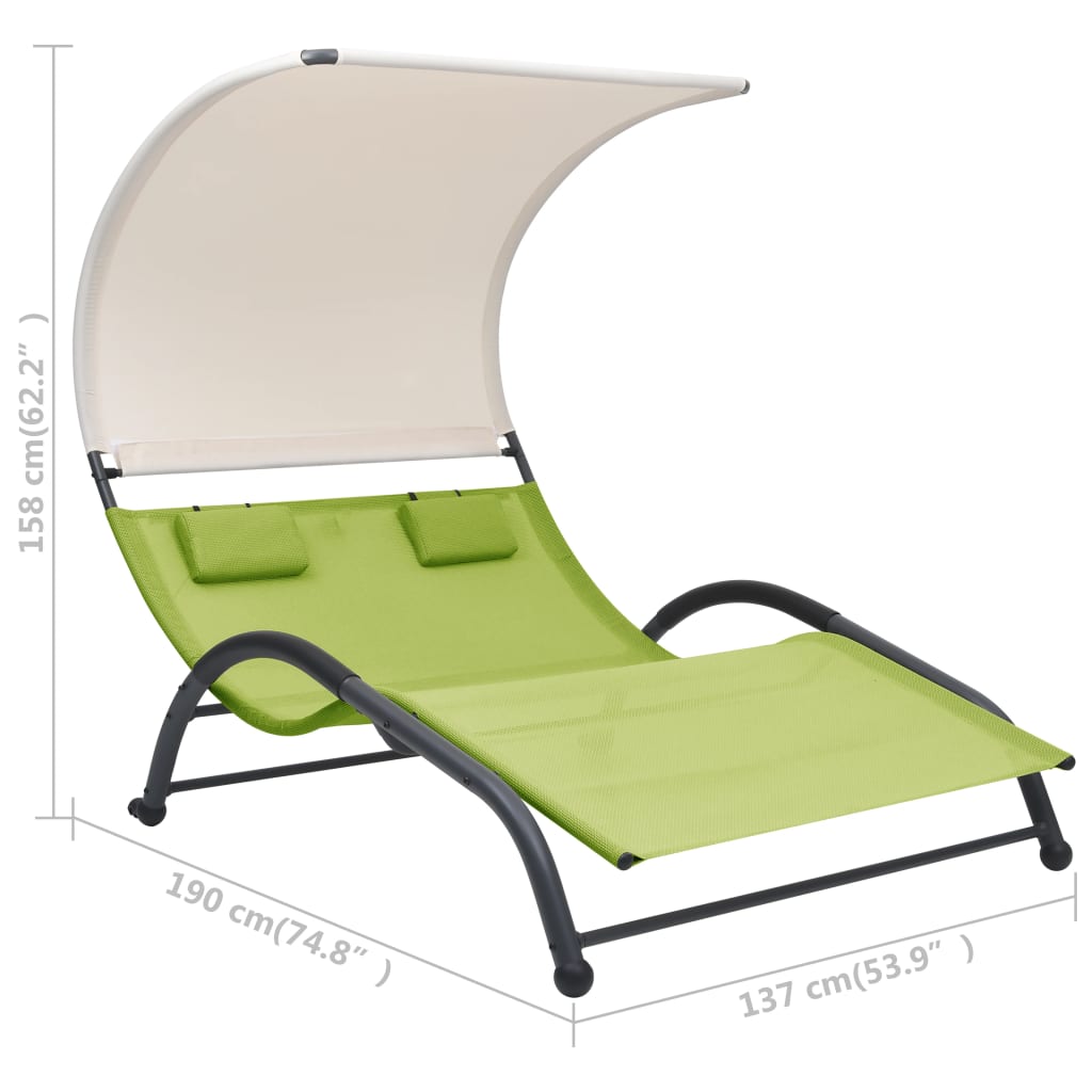 Double sun lounger with green textilene canopy