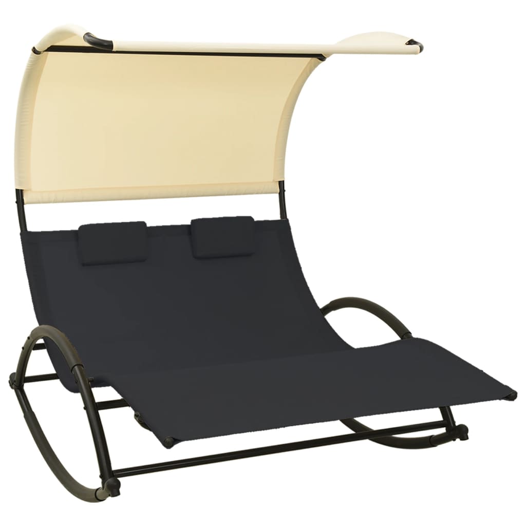 Double sun lounger with black and cream textilene canopy