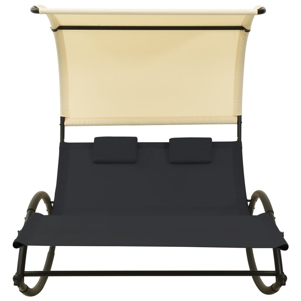 Double sun lounger with black and cream textilene canopy
