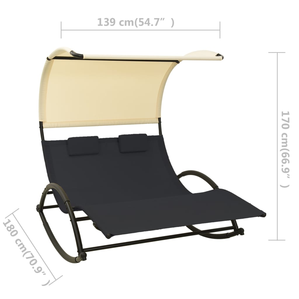 Double sun lounger with black and cream textilene canopy