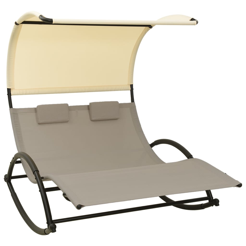 Double sun lounger with grey-abreast and cream textilene canopy