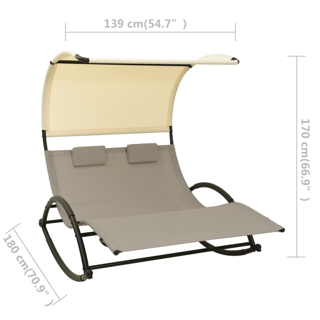 Double sun lounger with grey-abreast and cream textilene canopy