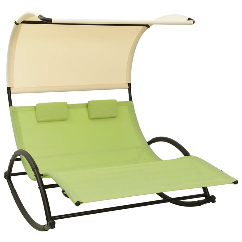 Double sun lounger with green and cream textilene canopy