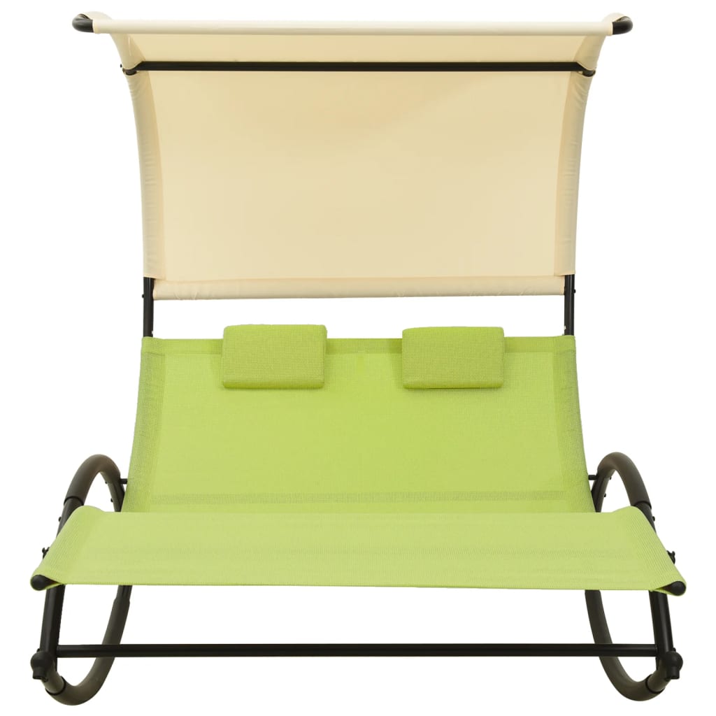Double sun lounger with green and cream textilene canopy