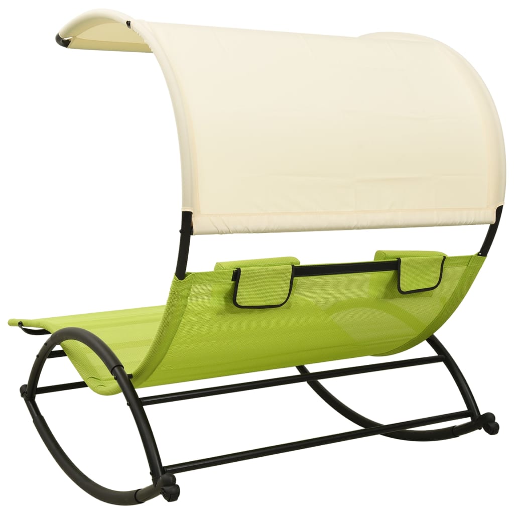 Double sun lounger with green and cream textilene canopy
