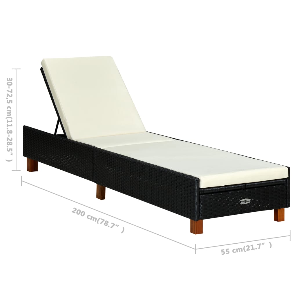 Black PE wicker sun lounger with cushion
