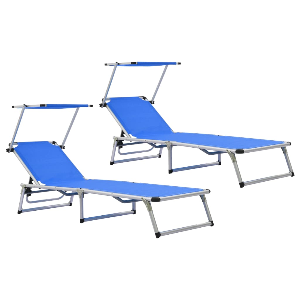 Folding sun loungers with roof 2pcs aluminum/textilene blue