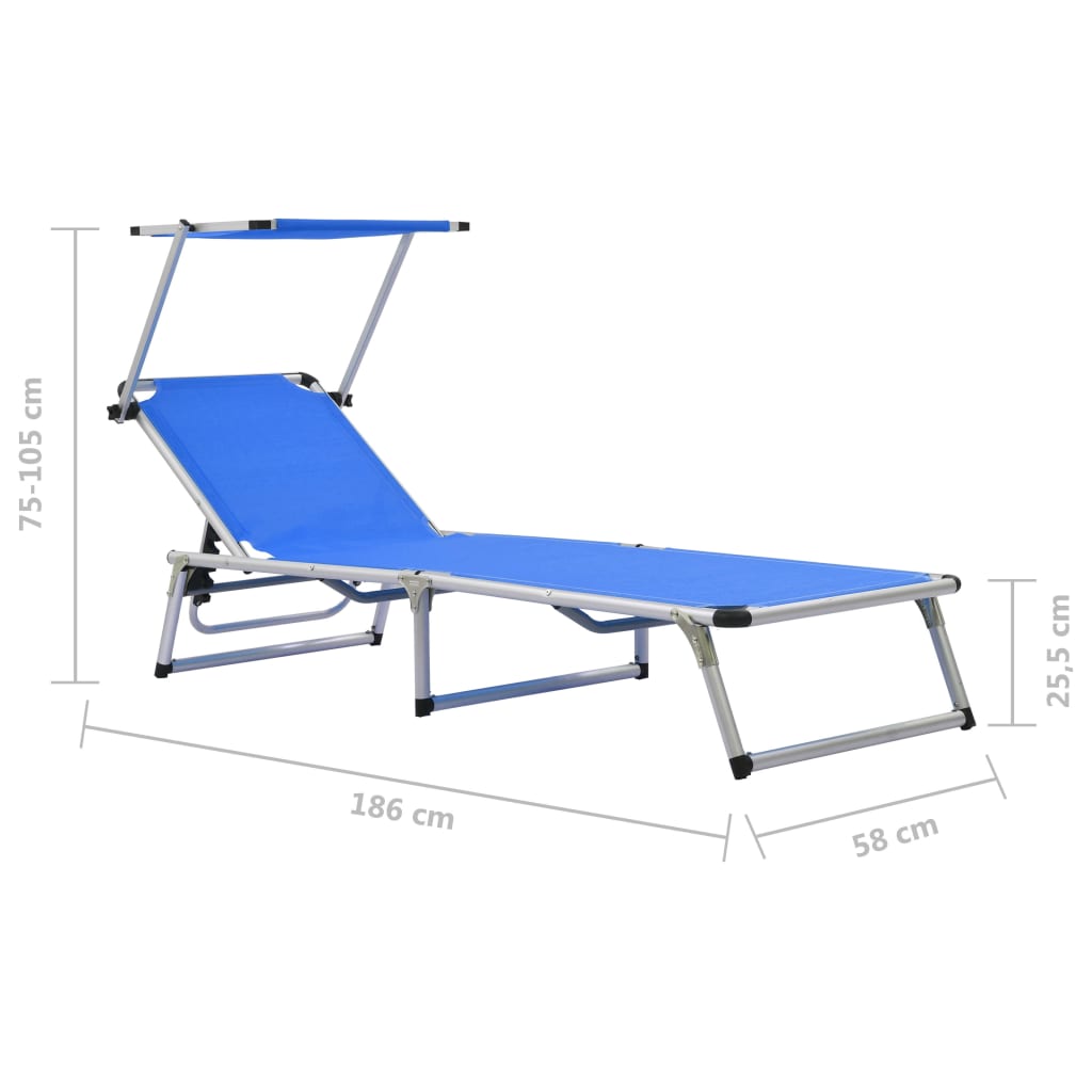 Folding sun loungers with roof 2pcs aluminum/textilene blue