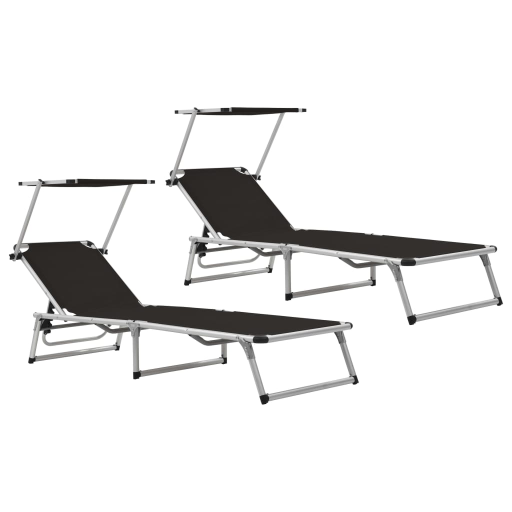 Folding sun loungers with roof 2 pcs alum./textilene black