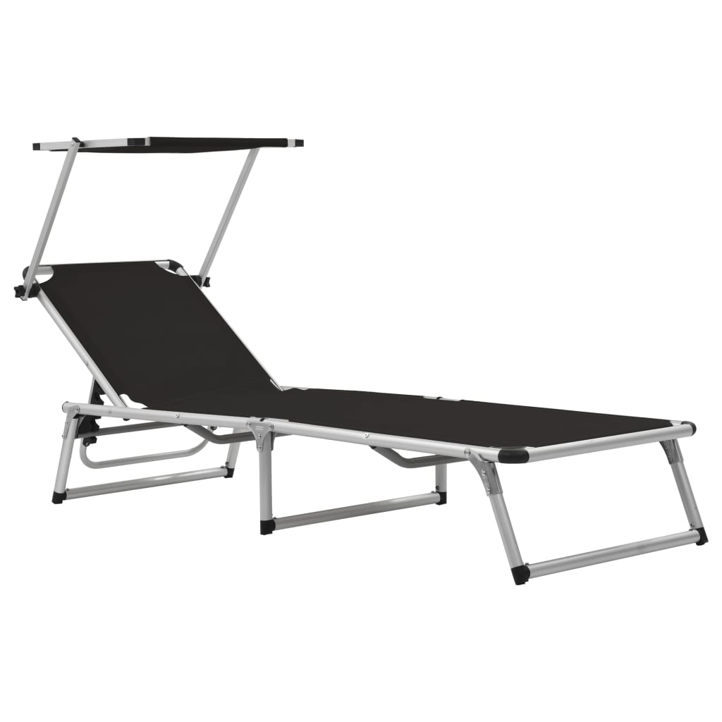 Folding sun loungers with roof 2 pcs alum./textilene black