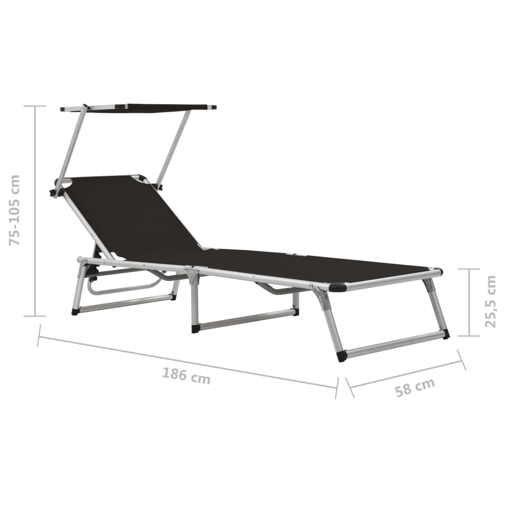 Folding sun loungers with roof 2 pcs alum./textilene black