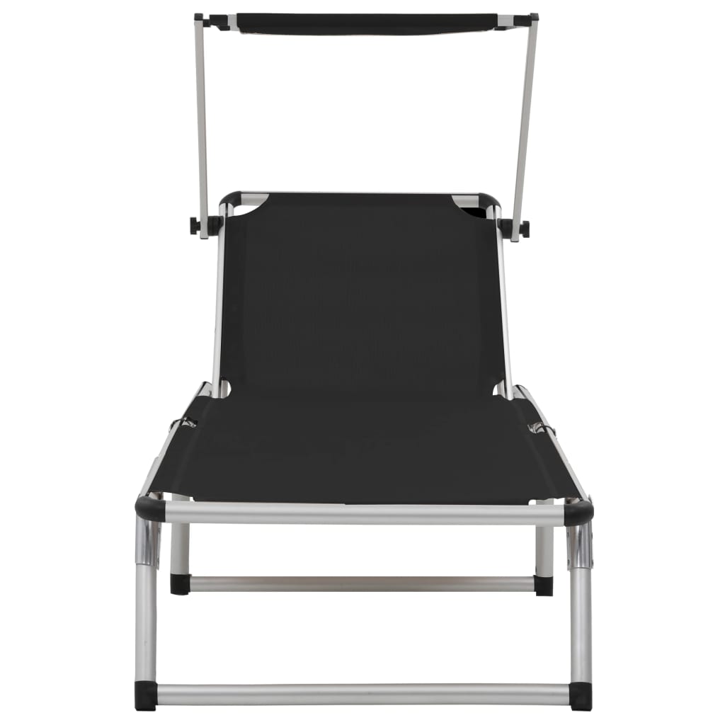 Folding sun loungers with roof 2 pcs alum./textilene black