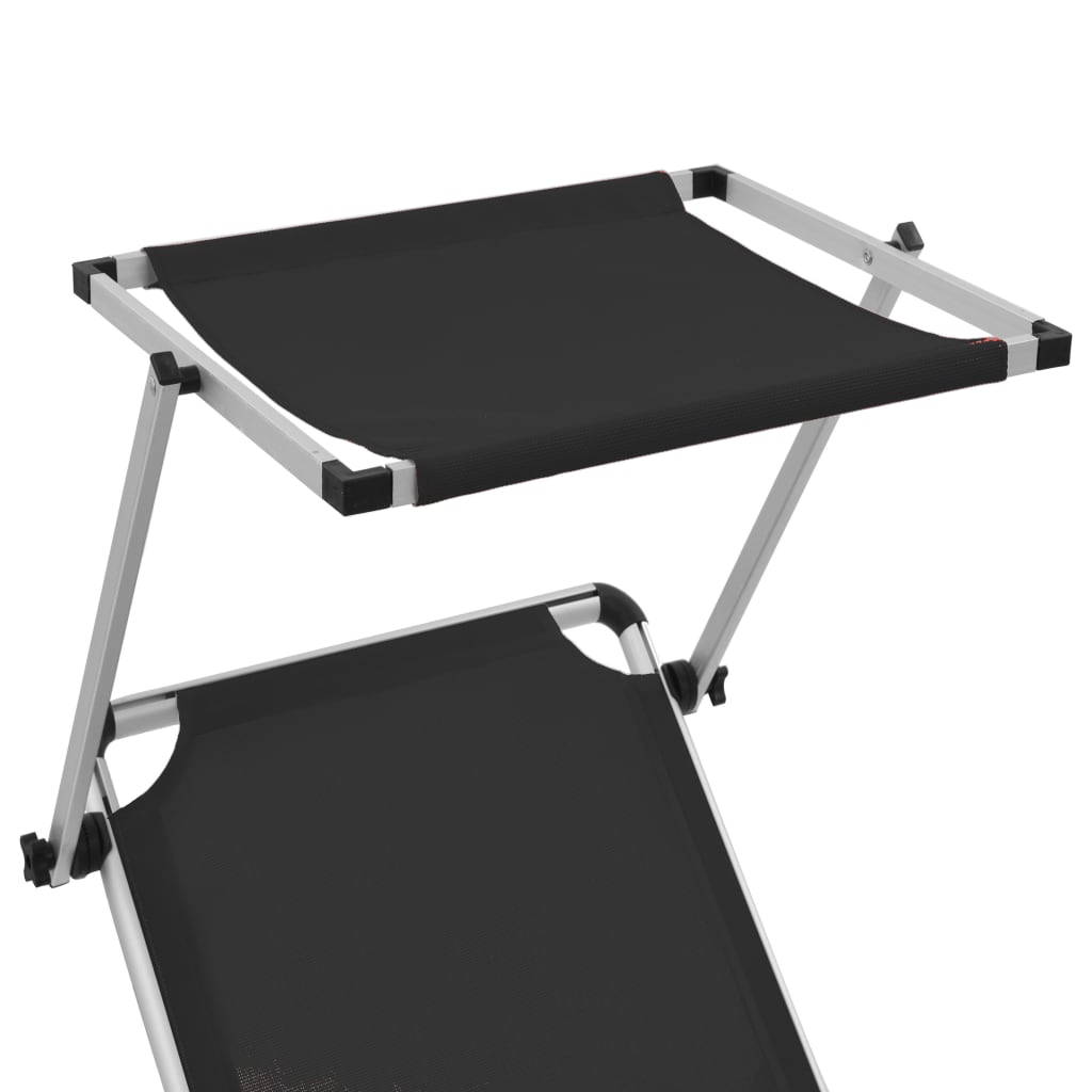 Folding sun loungers with roof 2 pcs alum./textilene black