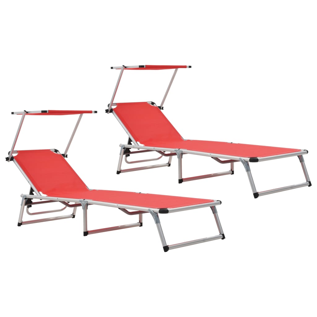 Folding sun loungers with roof 2pcs alum/textilene red