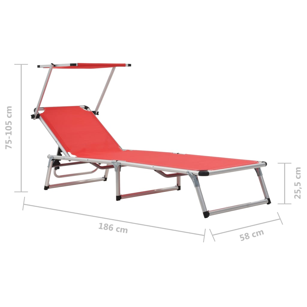 Folding sun loungers with roof 2pcs alum/textilene red