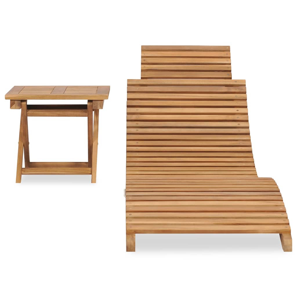 Folding sun lounger with table made of solid teak wood