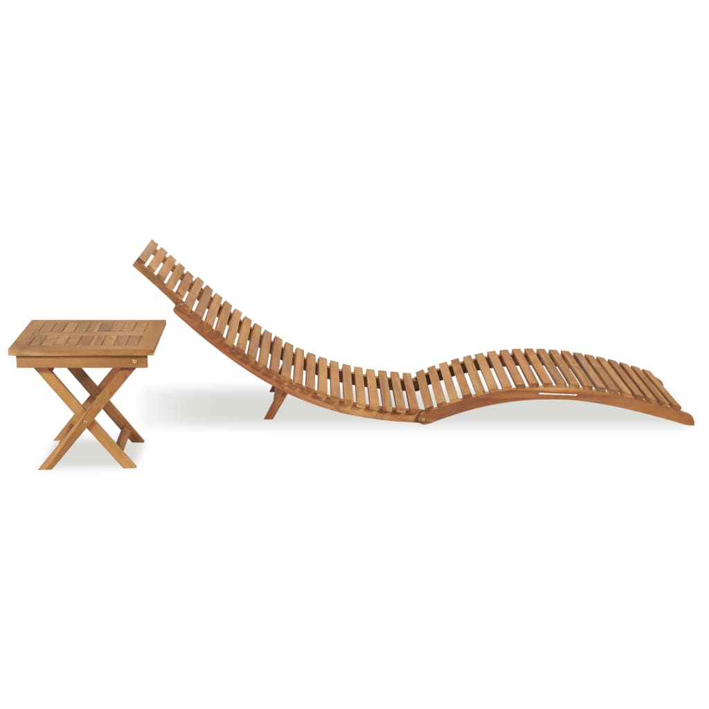 Folding sun lounger with table made of solid teak wood