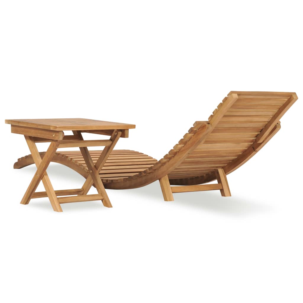 Folding sun lounger with table made of solid teak wood