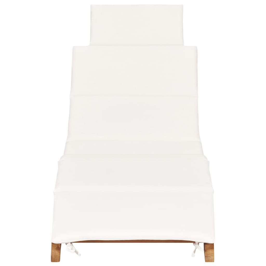 Folding sun lounger with cream-colored cushion in solid teak
