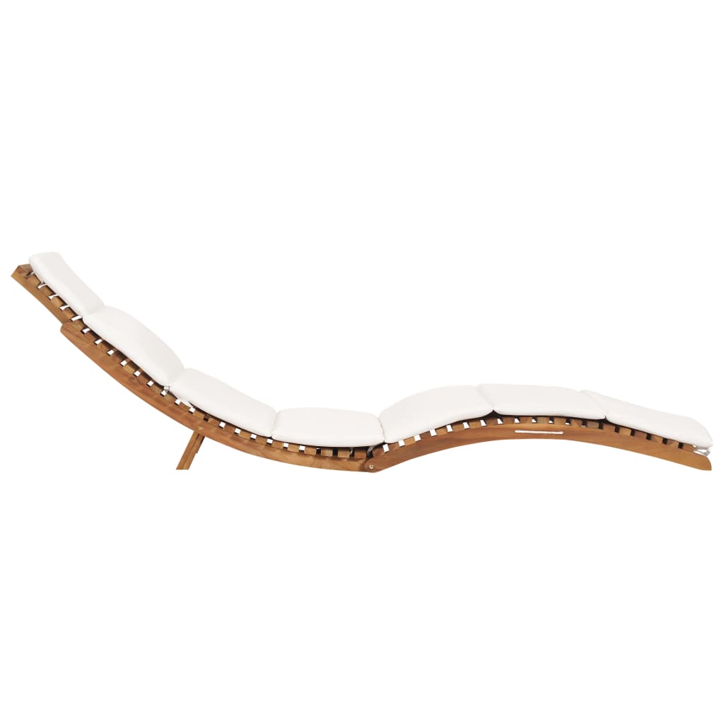 Folding sun lounger with cream-colored cushion in solid teak