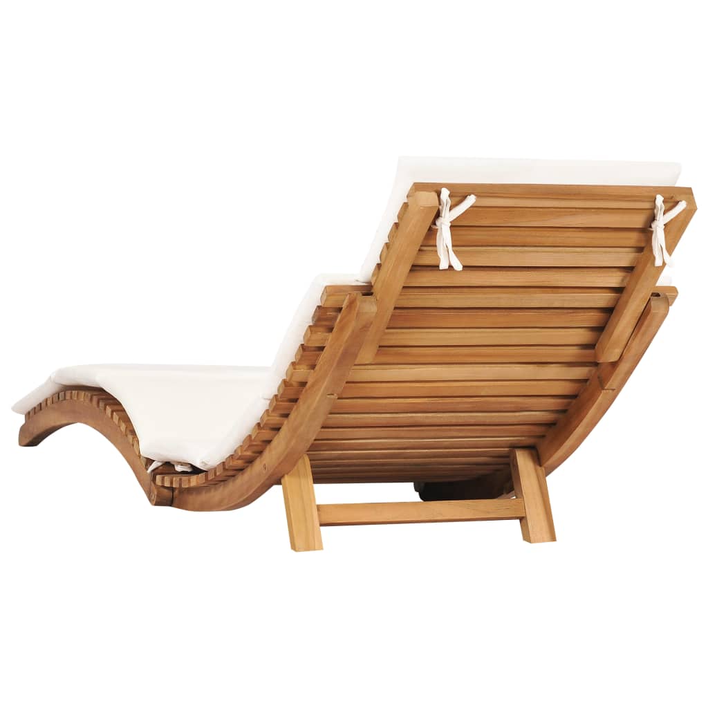 Folding sun lounger with cream-colored cushion in solid teak