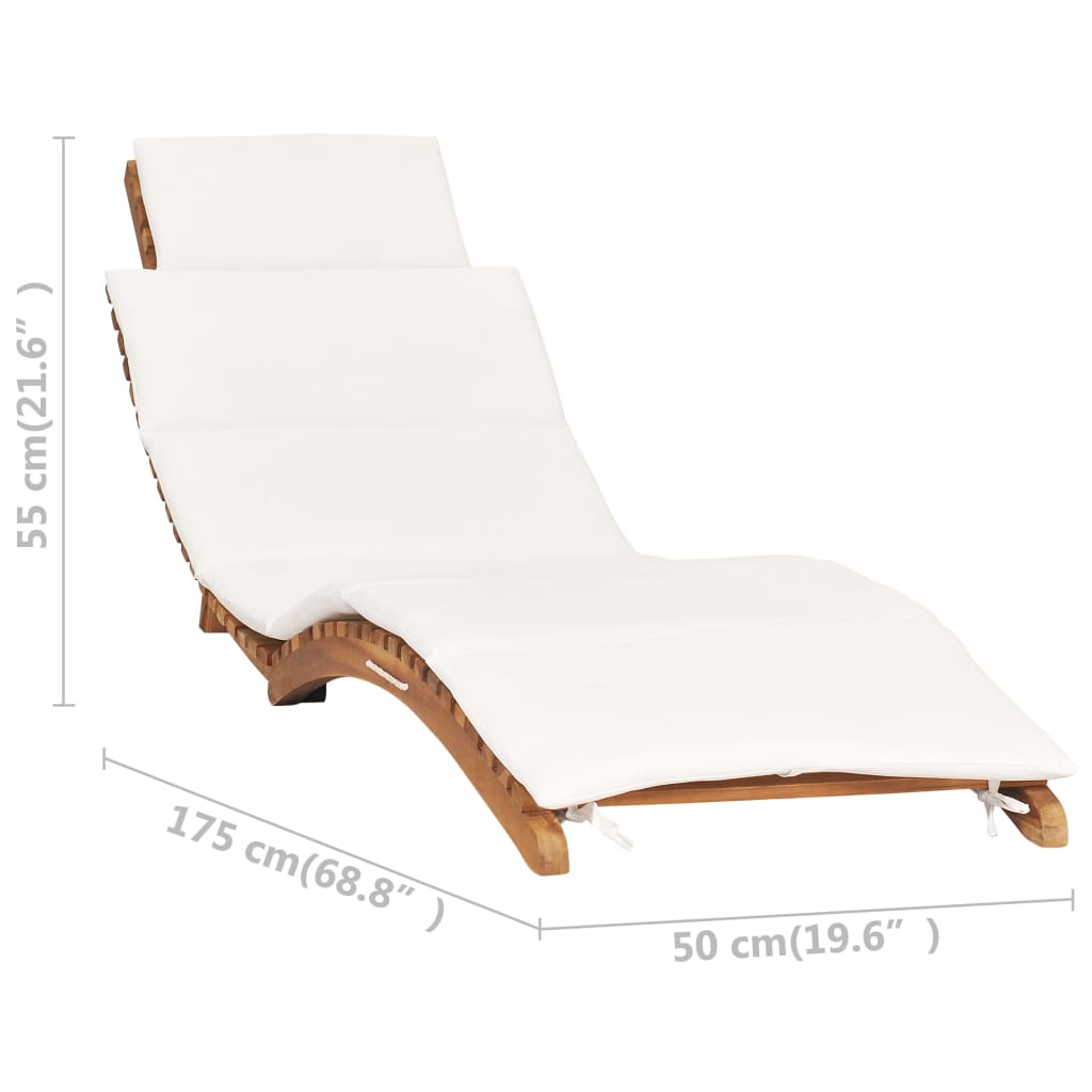 Folding sun lounger with cream-colored cushion in solid teak