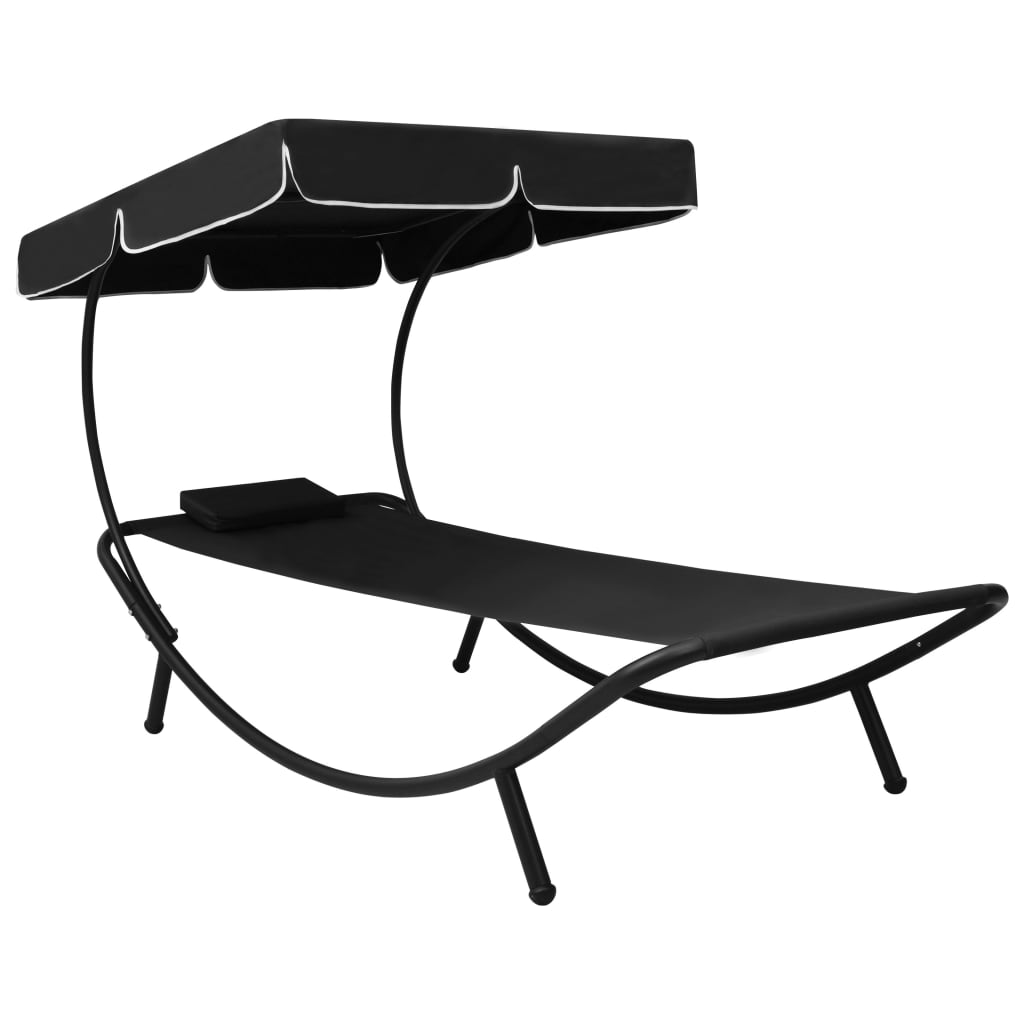 Sun lounger with canopy and black cushion