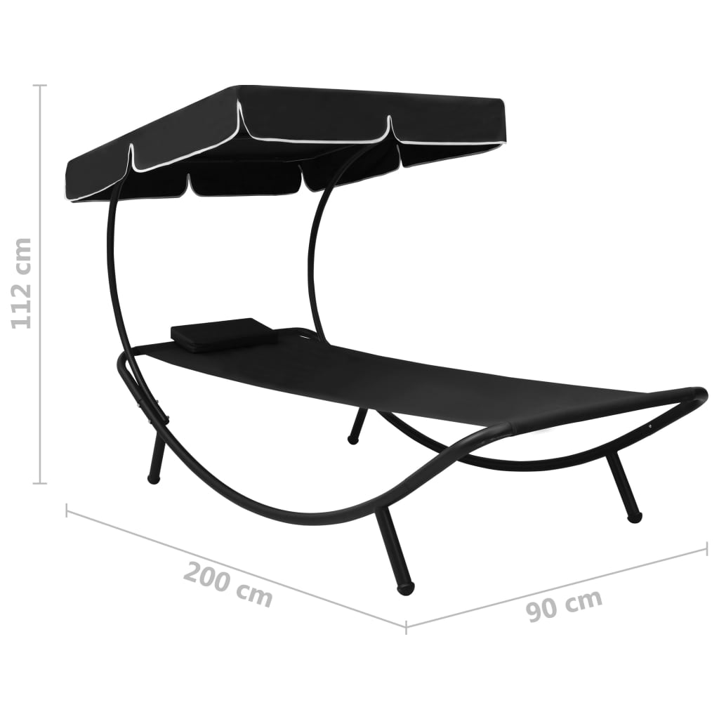 Sun lounger with canopy and black cushion