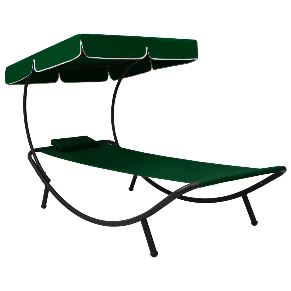 Sun lounger with canopy and green cushion