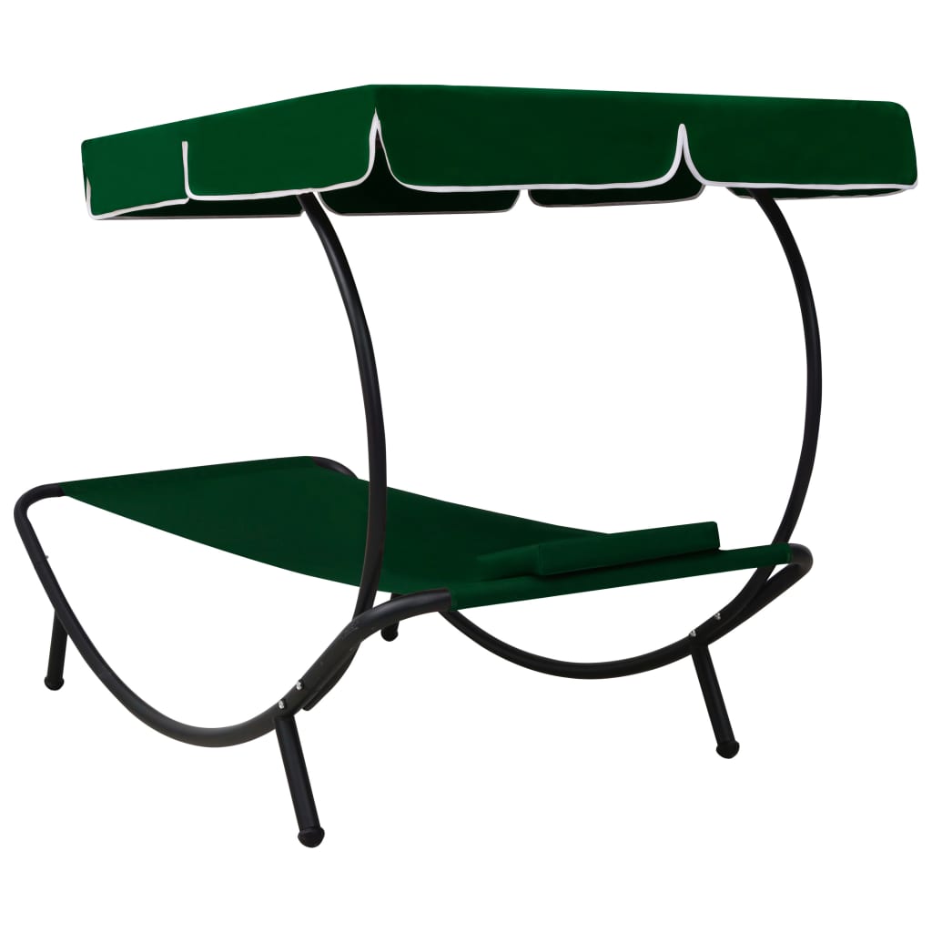 Sun lounger with canopy and green cushion